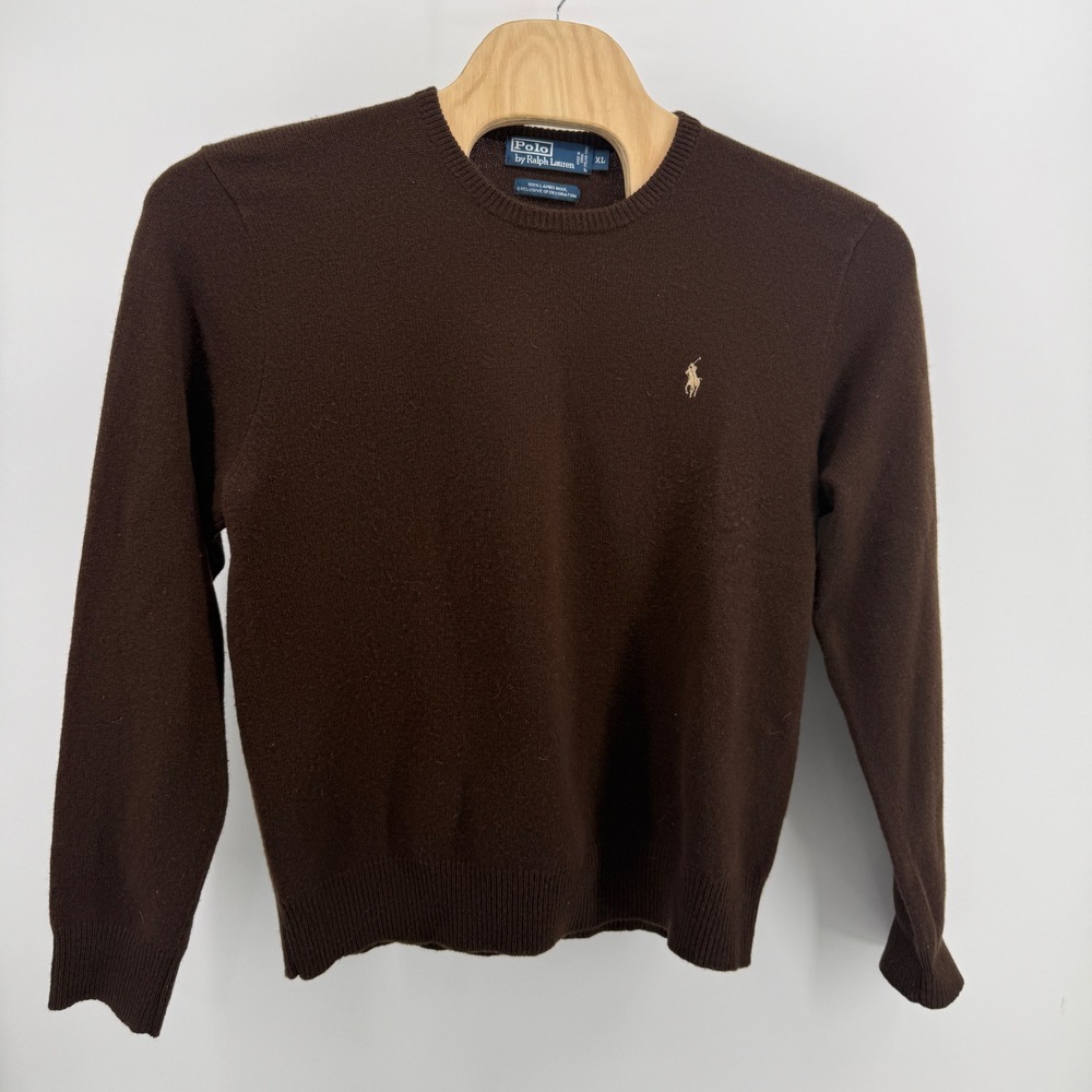 Polo Ralph Lauren Mens XL Brown 100% Lambswool Crewneck Sweater Pony Logo 1857